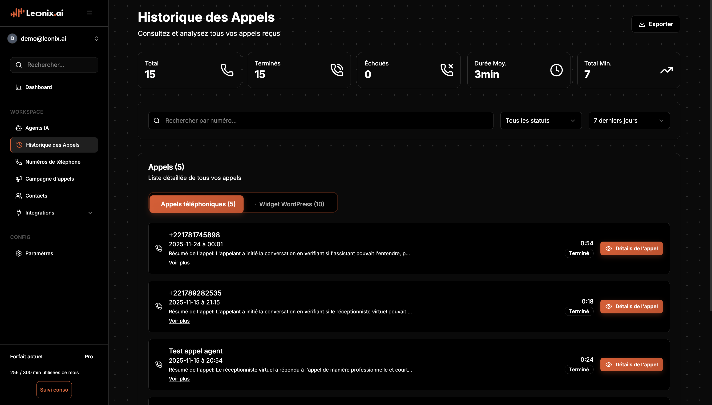Dashboard Leonix AI - Historique des Appels